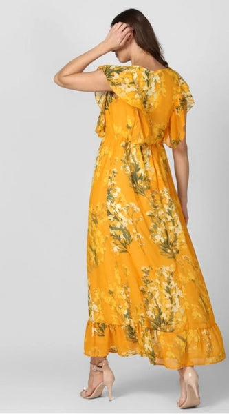 Mayawye Women's Polyester Floral Round Neck Butterfly Sleeve Dress (Yellow)