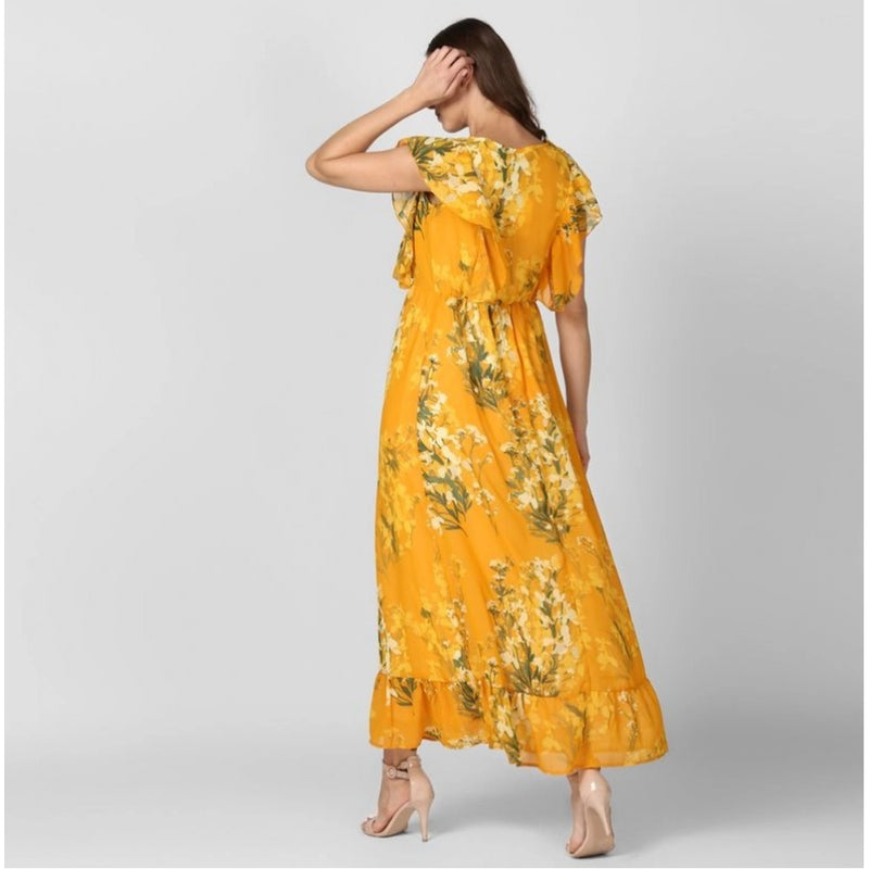 Mayawye Women's Polyester Floral Round Neck Butterfly Sleeve Dress (Yellow)