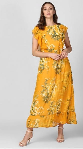 Mayawye Women's Polyester Floral Round Neck Butterfly Sleeve Dress (Yellow)