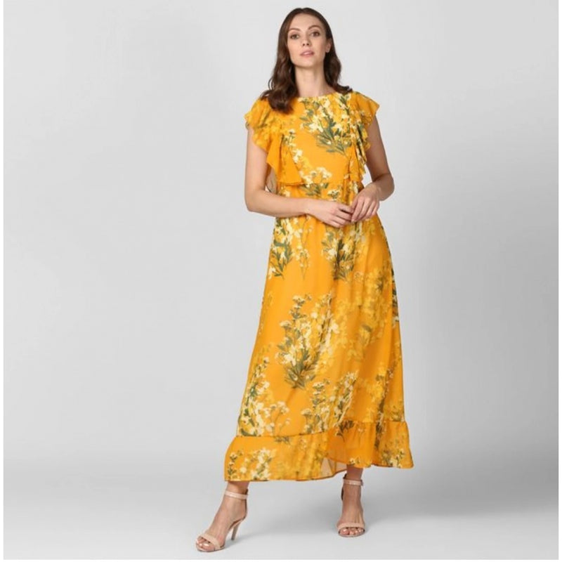 Mayawye Women's Polyester Floral Round Neck Butterfly Sleeve Dress (Yellow)