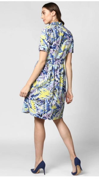 Mayawye Women's Polyester Floral Collar Neck Short Sleeve Dress (Blue-Yellow)