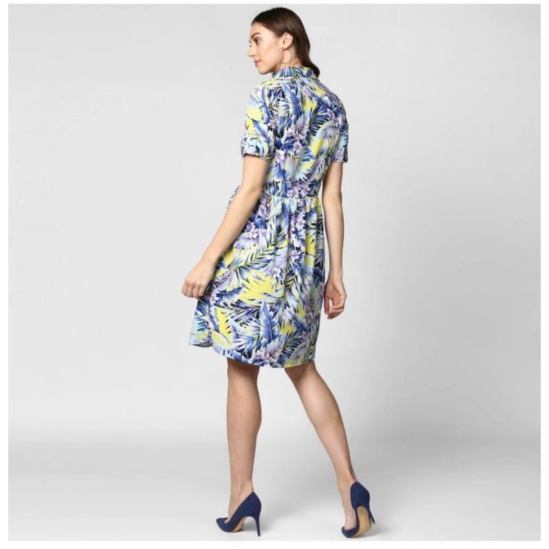 Mayawye Women's Polyester Floral Collar Neck Short Sleeve Dress (Blue-Yellow)
