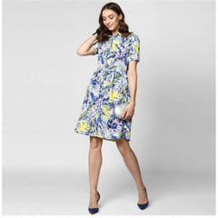 Mayawye Women's Polyester Floral Collar Neck Short Sleeve Dress (Blue-Yellow)