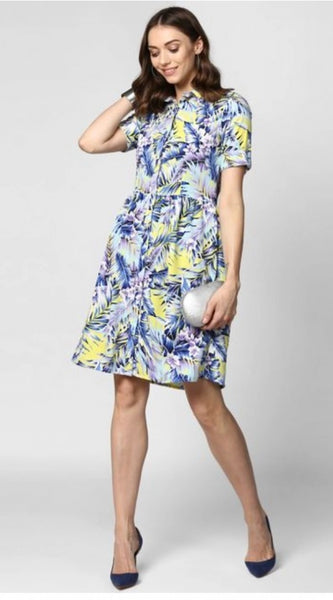 Mayawye Women's Polyester Floral Collar Neck Short Sleeve Dress (Blue-Yellow)