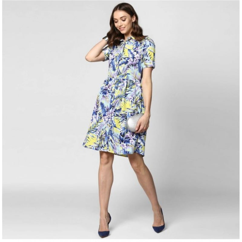 Mayawye Women's Polyester Floral Collar Neck Short Sleeve Dress (Blue-Yellow)