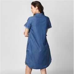Mayawye Women's Denim Solid Collar Neck Short Sleeve Dress (Blue)