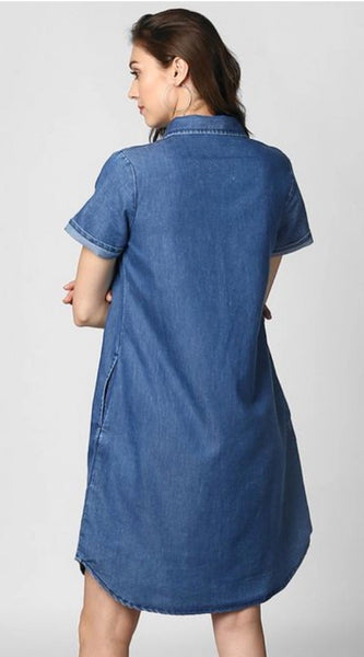 Mayawye Women's Denim Solid Collar Neck Short Sleeve Dress (Blue)