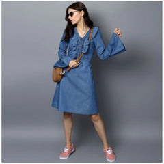 Mayawye Women's Denim Solid V-Neck Bell Sleeve Dress (Blue)