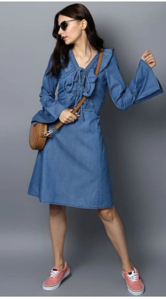 Mayawye Women's Denim Solid V-Neck Bell Sleeve Dress (Blue)