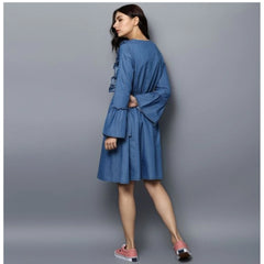 Mayawye Women's Denim Solid V-Neck Bell Sleeve Dress (Blue)