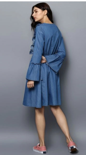 Mayawye Women's Denim Solid V-Neck Bell Sleeve Dress (Blue)