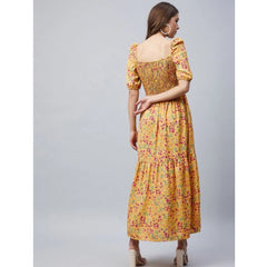 Mayawye Women's Polyester Moss Floral Square Neck Half Sleeve Dress (Pink)