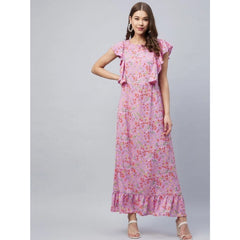 Mayawye Women's Polyester Floral Round Neck Flutter Dress (Lavender)