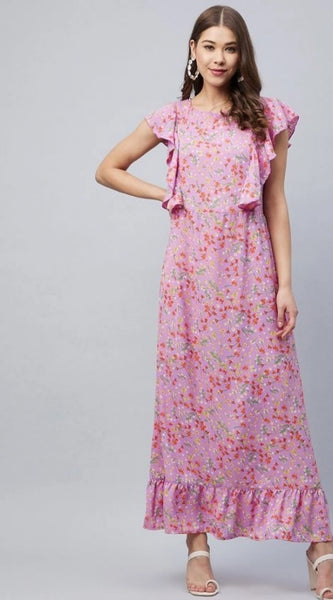 Mayawye Women's Polyester Floral Round Neck Flutter Dress (Lavender)