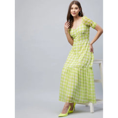 Mayawye Women's Polyester-Cotton Blend Checkered Square Neck Half Sleeve Dress (Lime Green)