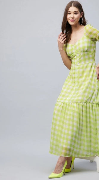 Mayawye Women's Polyester-Cotton Blend Checkered Square Neck Half Sleeve Dress (Lime Green)