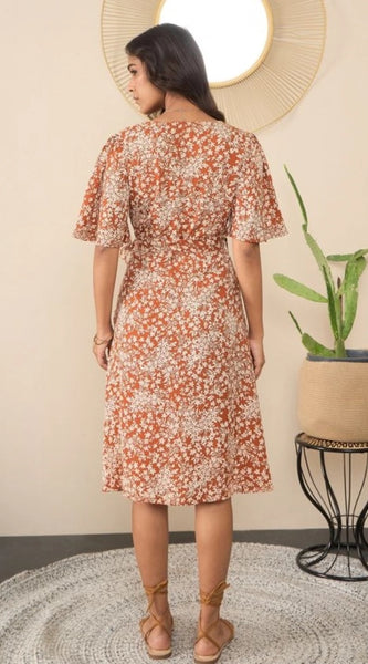 Mayawye Women's Polyester Moss Floral V-Neck Bell Sleeve Dress (Brown)