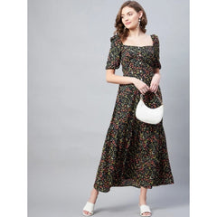 Mayawye Women's Polyester Moss Floral Square Neck Half Sleeve Dress (Black)