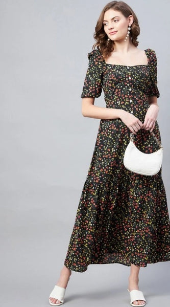 Mayawye Women's Polyester Moss Floral Square Neck Half Sleeve Dress (Black)