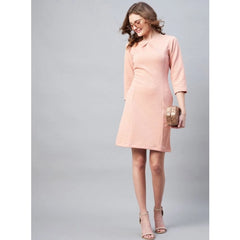 Mayawye Women's Polyester Jacquard Self Design Round Neck 3/4th Sleeves Dress (Pink)