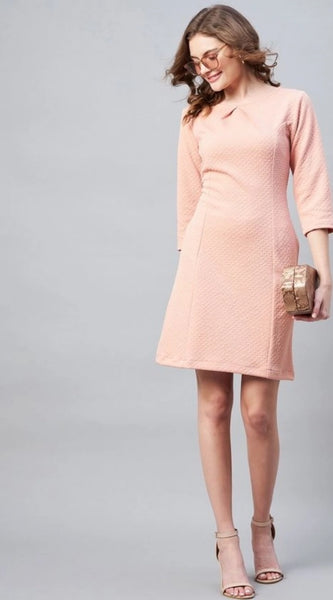 Mayawye Women's Polyester Jacquard Self Design Round Neck 3/4th Sleeves Dress (Pink)