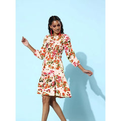 Mayawye Women's Polyester Moss Polka Round Neck 3/4th Sleeves Dress (Multicolor)