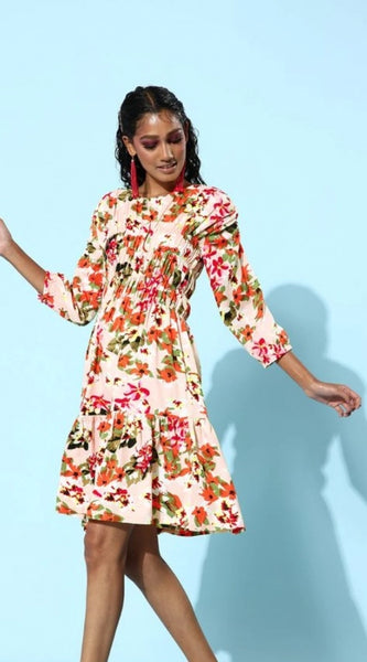Mayawye Women's Polyester Moss Polka Round Neck 3/4th Sleeves Dress (Multicolor)