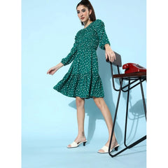 Mayawye Women's Polyester Moss Polka Round Neck 3/4th Sleeves Dress (Green)