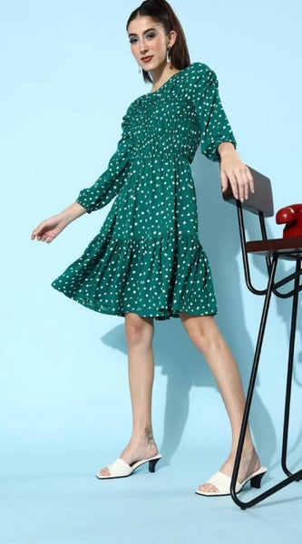 Mayawye Women's Polyester Moss Polka Round Neck 3/4th Sleeves Dress (Green)