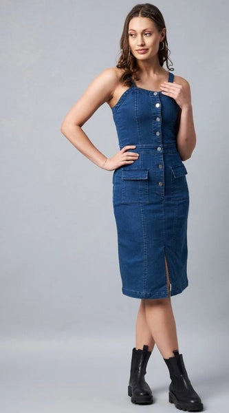 Mayawye Women's Denim Lycra Solid Square Neck Shoulder Straps Dress (Blue)