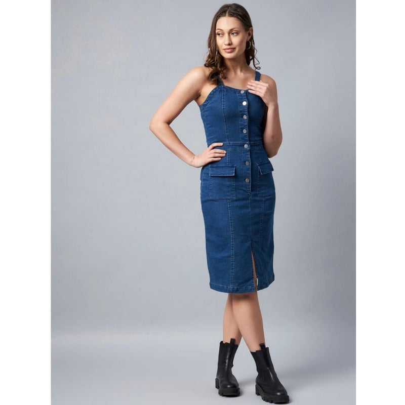 Mayawye Women's Denim Lycra Solid Square Neck Shoulder Straps Dress (Blue)