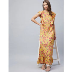 Mayawye Women's Polyester Floral Round Neck Flutter Dress (Red)