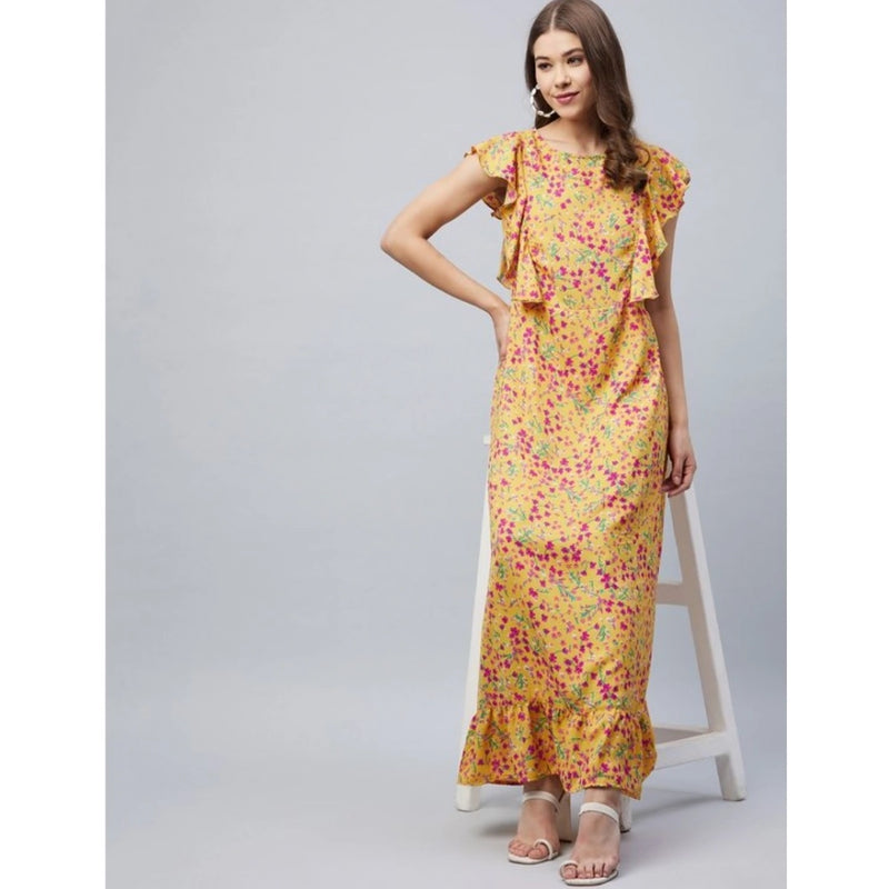 Mayawye Women's Polyester Floral Round Neck Flutter Dress (Red)