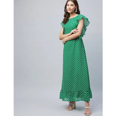 Mayawye Women's Polyester Polka Close Neck Flutter Dress (Green)