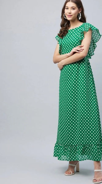 Mayawye Women's Polyester Polka Close Neck Flutter Dress (Green)