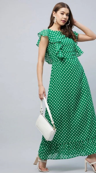 Mayawye Women's Polyester Polka Close Neck Flutter Dress (Green)