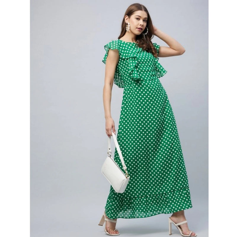 Mayawye Women's Polyester Polka Close Neck Flutter Dress (Green)