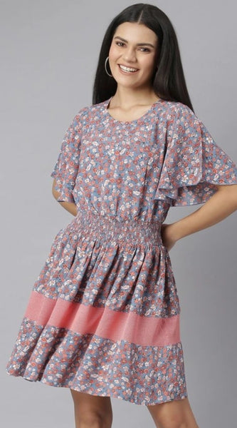 Mayawye Women's Polyester Moss Floral Round Neck Flutter Dress (Grey-Red)