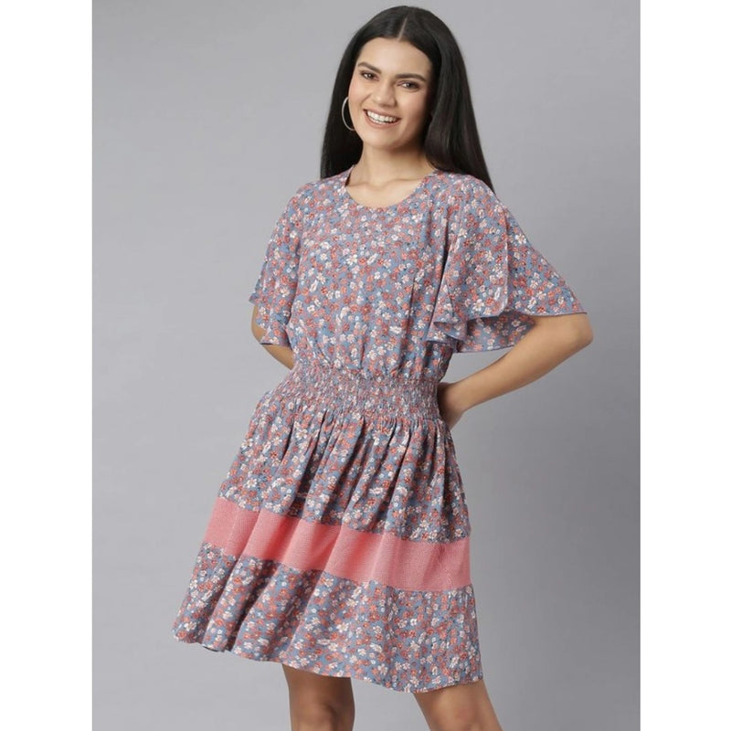 Mayawye Women's Polyester Moss Floral Round Neck Flutter Dress (Grey-Red)