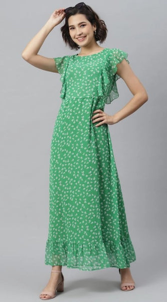 Mayawye Women's Polyester Floral Round Neck Short Sleeve Dress (Green)