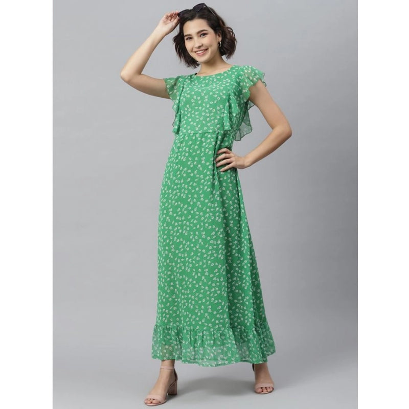 Mayawye Women's Polyester Floral Round Neck Short Sleeve Dress (Green)