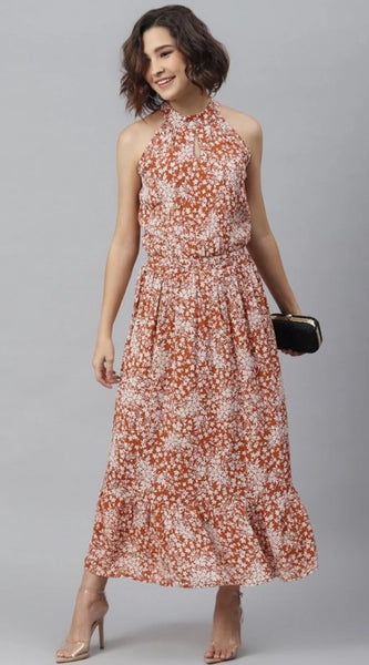 Mayawye Women's Polyester Printed Halter Neck Sleeveless Dress (Rust)