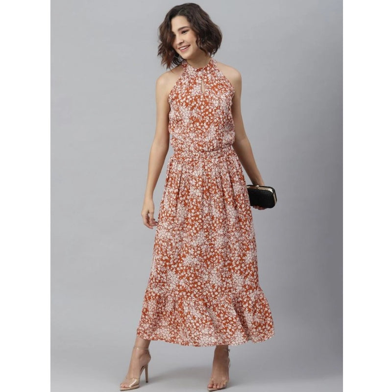 Mayawye Women's Polyester Printed Halter Neck Sleeveless Dress (Rust)