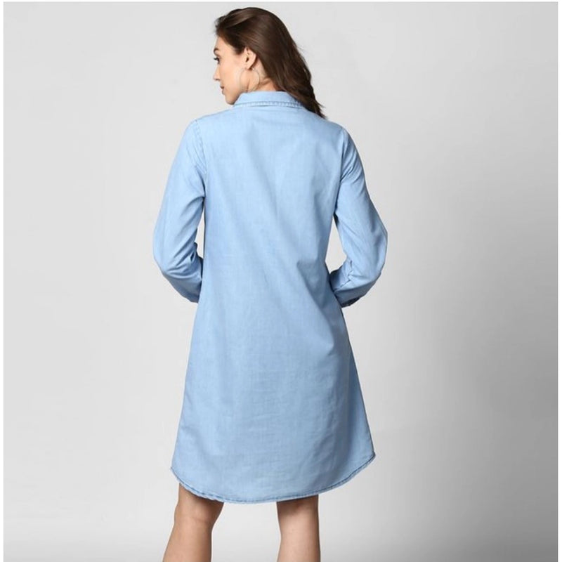 Mayawye Women's Denim Solid Collar Neck Roll Up Sleeve Dress (Blue)