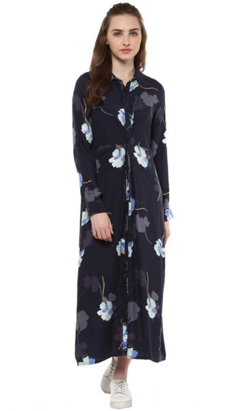 Mayawye Women's Rayon Floral Collar Neck Long Sleeves Dress (Blue)