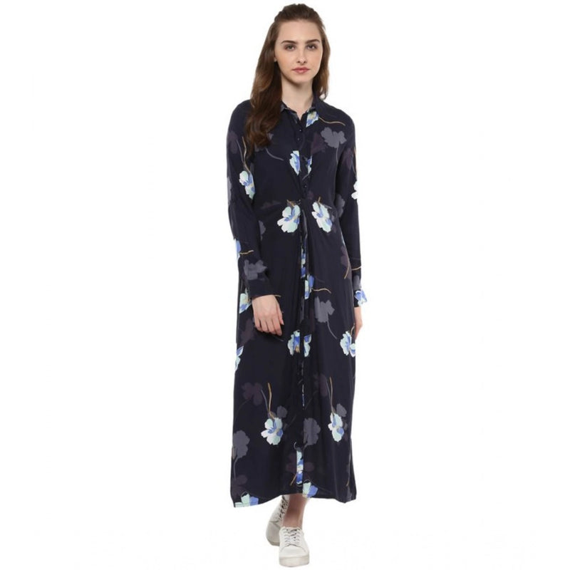 Mayawye Women's Rayon Floral Collar Neck Long Sleeves Dress (Blue)