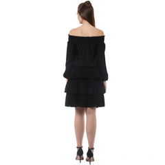Mayawye Women's Polyester Moss Solid Off-Shoulder Long Sleeves Dress (Black)