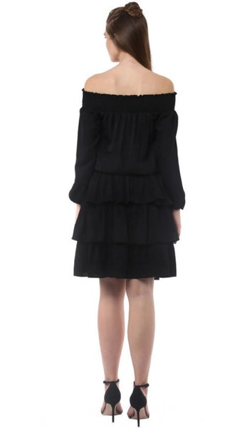 Mayawye Women's Polyester Moss Solid Off-Shoulder Long Sleeves Dress (Black)