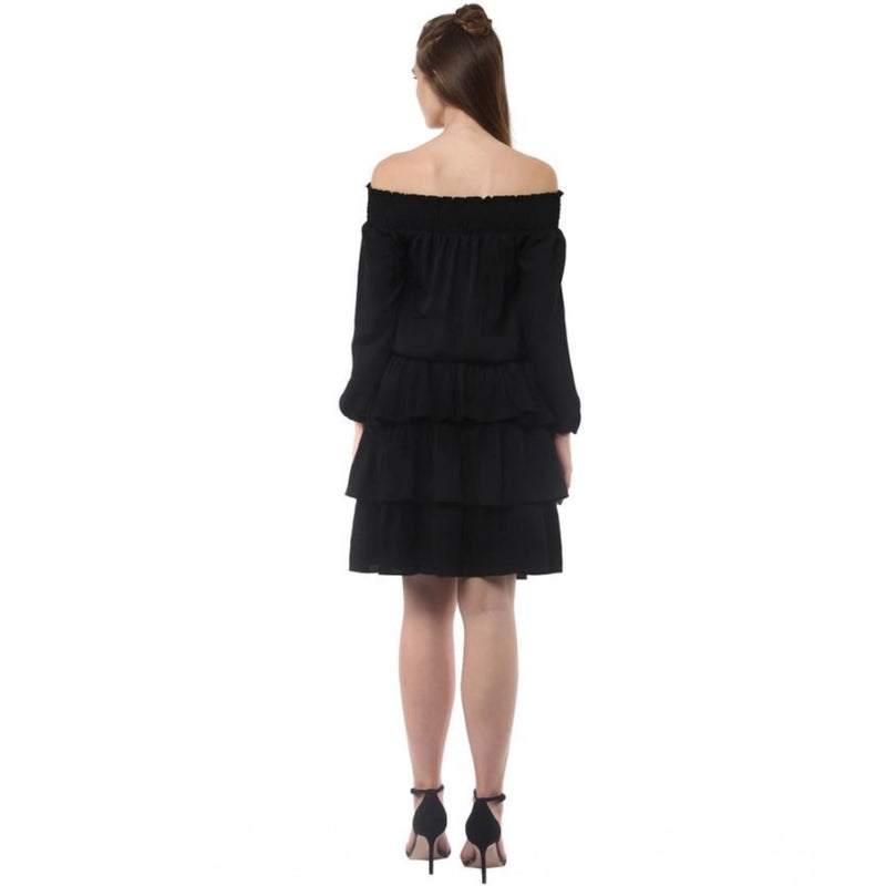 Mayawye Women's Polyester Moss Solid Off-Shoulder Long Sleeves Dress (Black)