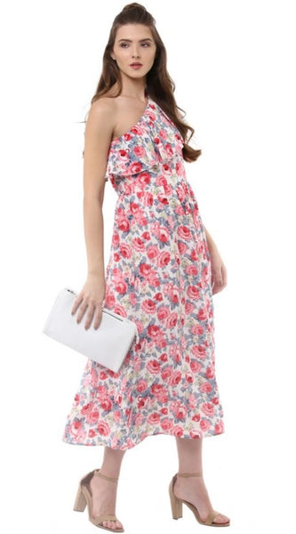 Mayawye Women's Polyester Crepe Floral One Shoulder One Shoulder Dress (Multicolor)